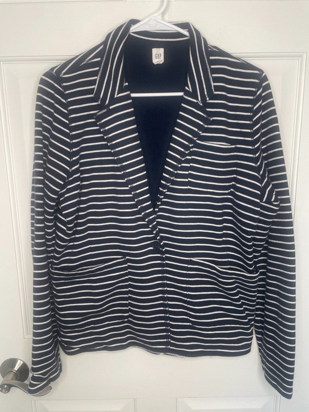 GAP Women's Striped Knit Blazer Jacket Sz L Collegiate Preppy Fisherman Marine